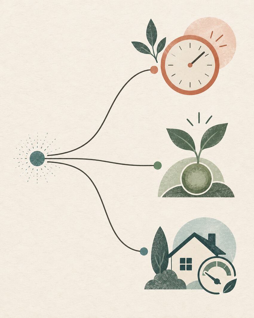 Three illustrated paths for time, ideas and household bills